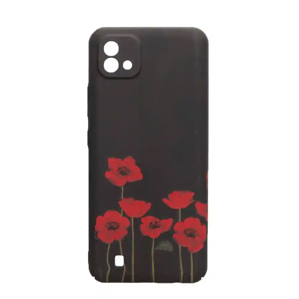 Generic Dragon Plastic Creative Back Phone Protection Case Flowers Print Design With Silicone Safety Edges And 3D Back Print For Realme C20 - Black Red - Safqqa Egypt