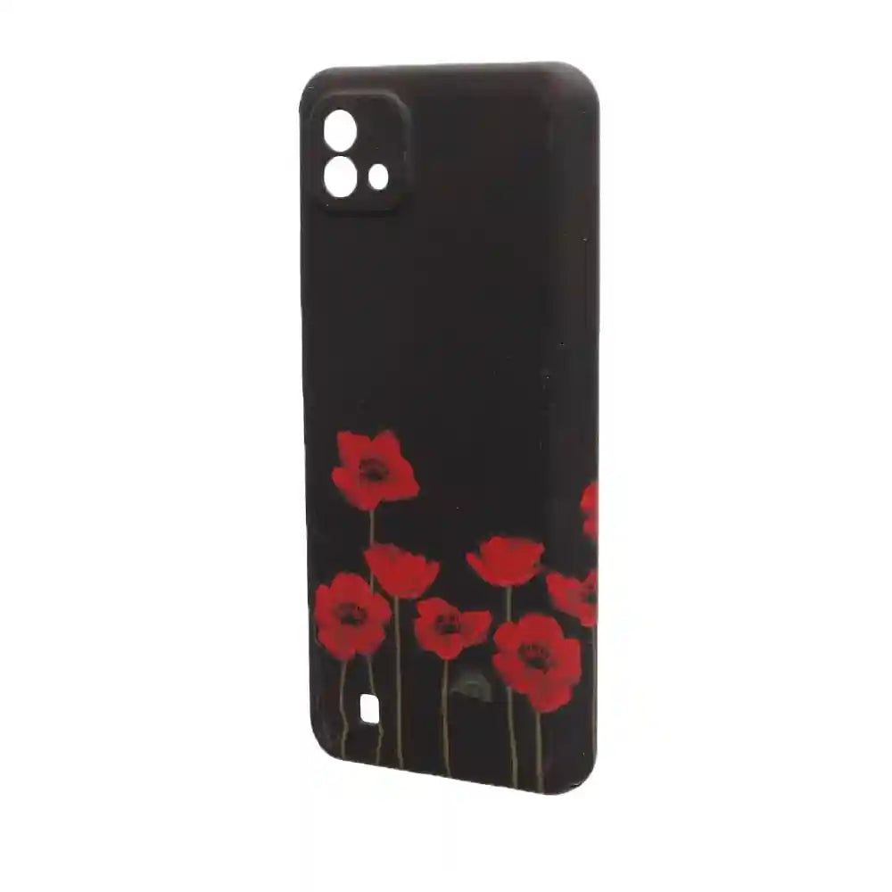 Generic Dragon Plastic Creative Back Phone Protection Case Flowers Print Design With Silicone Safety Edges And 3D Back Print For Realme C20 - Black Red - Safqqa Egypt