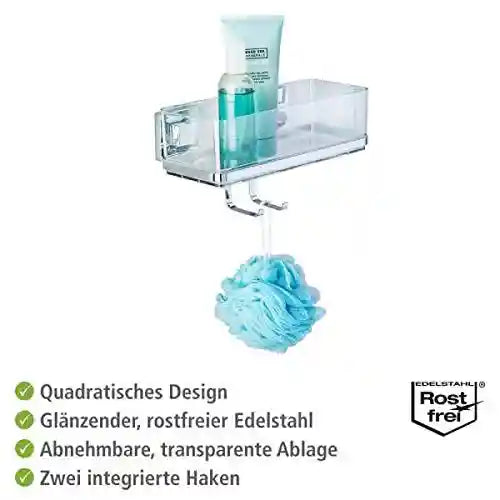WenkoVacuum-Loc Quadro Wall Shelf with Hooks – No Drilling, Bathroom Storage Organizer, Durable ABS Plastic, 25.5 x 15 x 14 cm, Glossy Finish - Safqqa Egypt