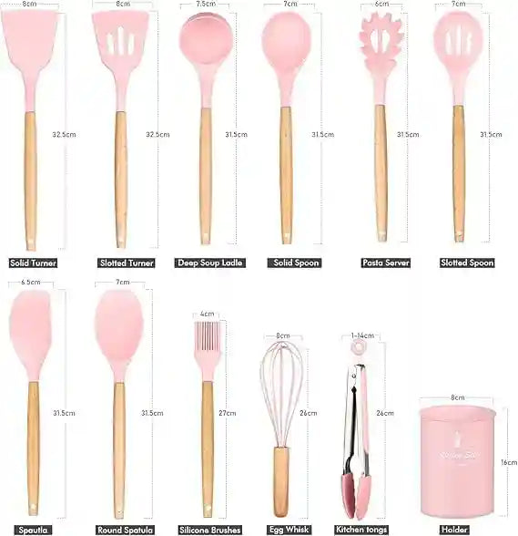 12-Piece Silicone Kitchen Utensil Set with Wooden Handles – Non-Stick, Scratch-Resistant Cooking Tools with Spatula Holder – Pink - Safqqa Egypt