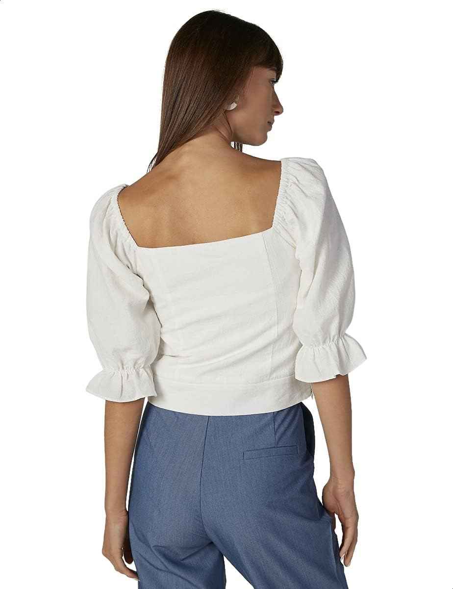 Basic Square Neck Three Quarter Puff Sleeves Blouse for Women - White, - Safqqa Egypt