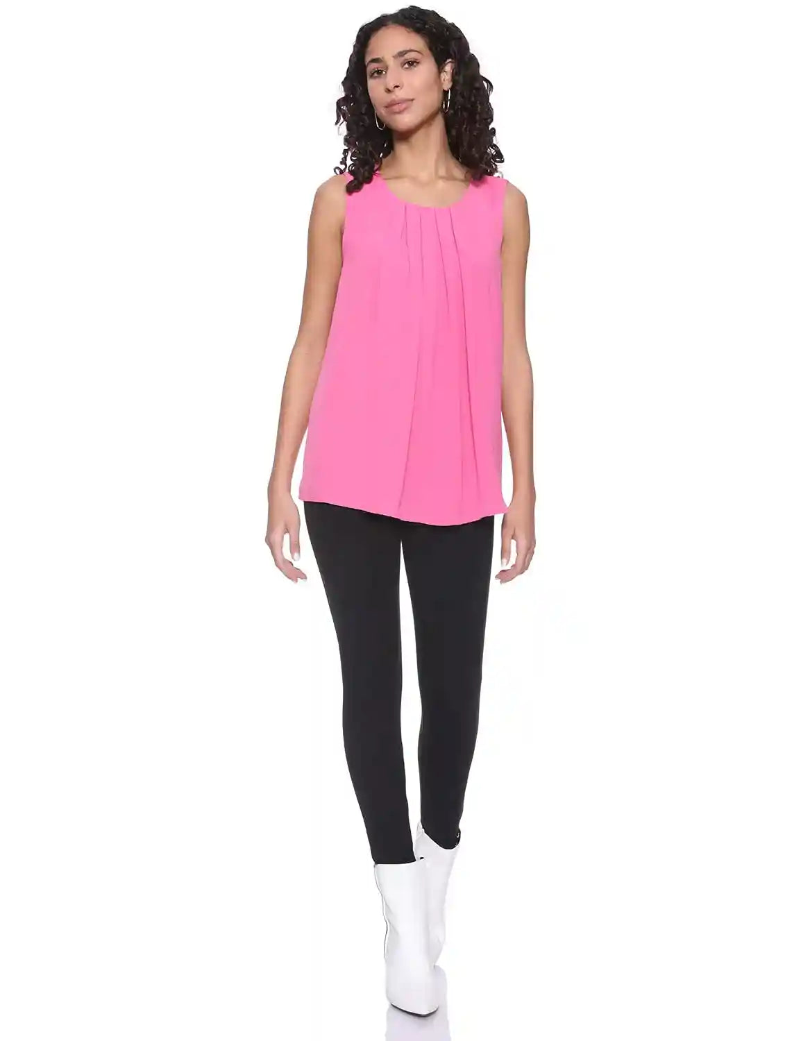 Dalydress Plain Front Pleats Sleeveless Round Neck Polyester Blouse for Women - Safqqa Egypt