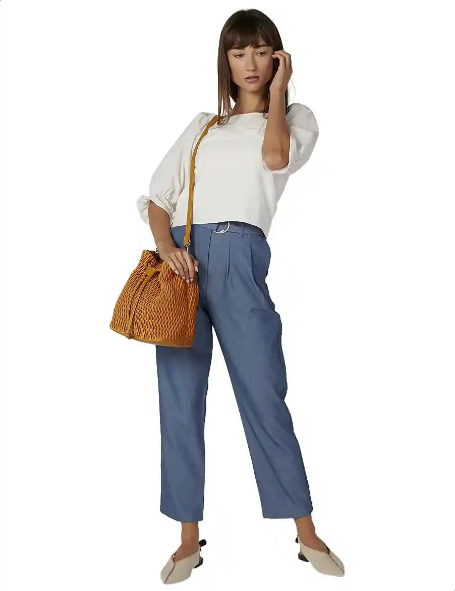 Basic Square Neck Three Quarter Puff Sleeves Blouse for Women - White, - Safqqa Egypt