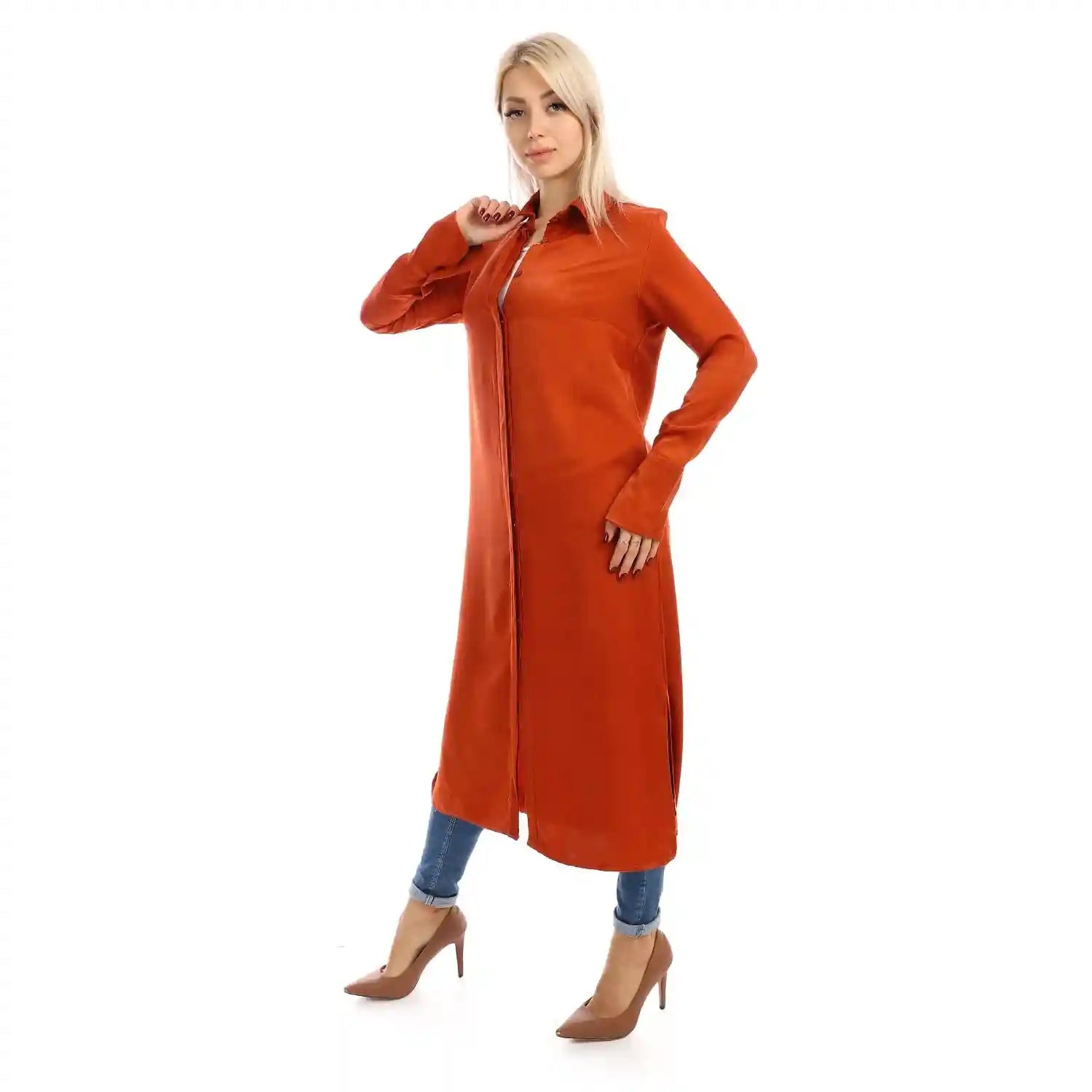 Jamila Women long sleeves soft satin buttoned shirt dress - Safqqa Egypt