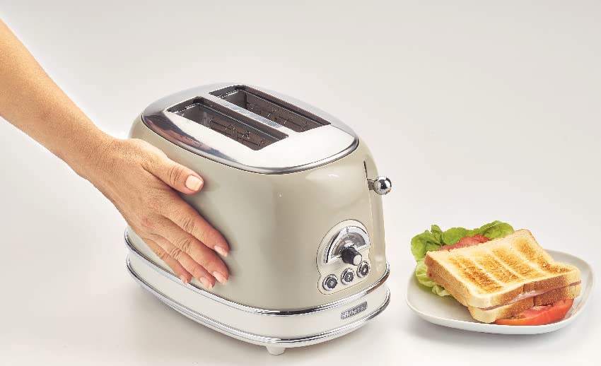 Ariete Vintage 2 Slice Toaster 155, Toaster with 6 Toasting Levels, Automatic Ejection, Defrost Function, Removable Crumb Tray, Stainless Steel Body, 810W, Beige - Safqqa Egypt