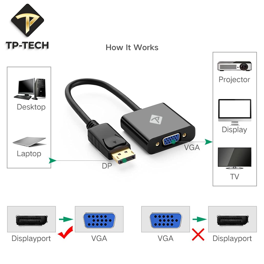 TP-TECH DP (DisplayPort) to VGA Adapter Male to Female 1080P, Compatible with Computer, Desktop, Laptop, PC, Monitor, Projector, HDTV - Safqqa Egypt