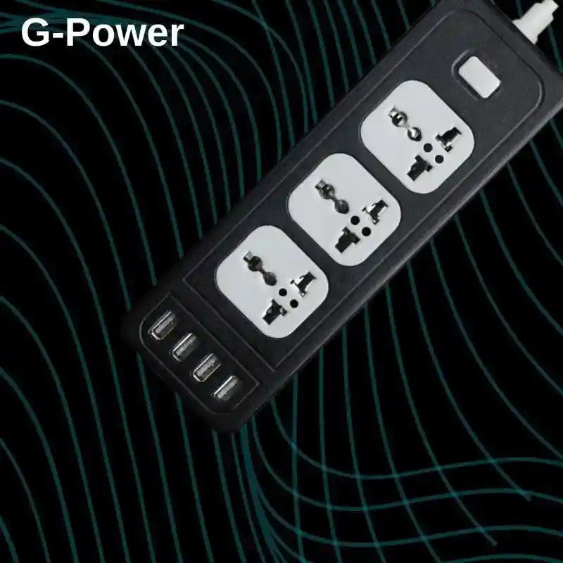 **G-Power GP310 Power Strip – Universal Smart Socket with 4 USB Ports, Overload Protection, 2M PVC Cable, 240V Max – Black** - Safqqa Egypt