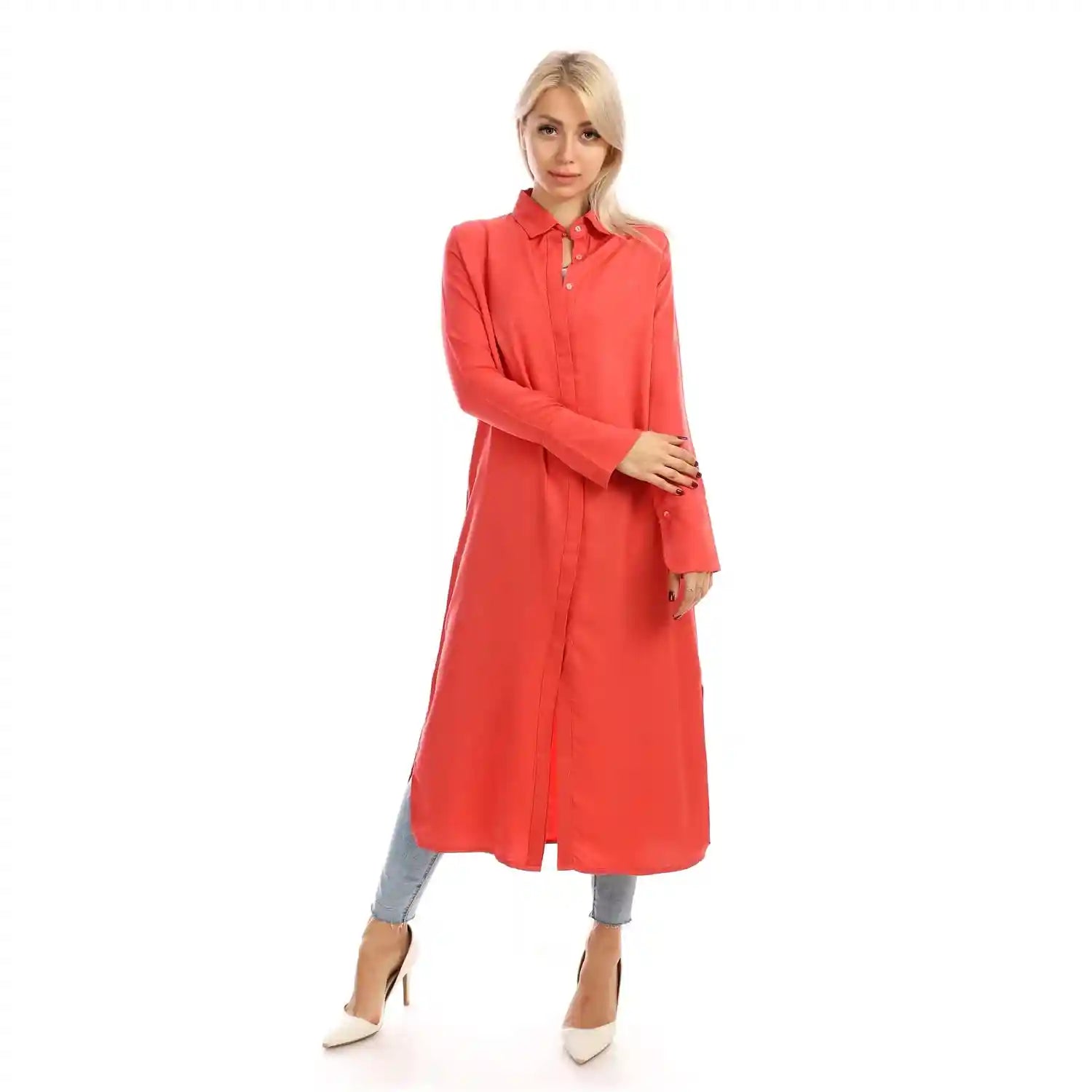 Jamila Women long sleeves soft satin buttoned shirt dress - Safqqa Egypt