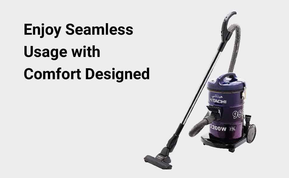 "HITACHI 2200W Drum Vacuum Cleaner, 21L Capacity – Aero Power Brush, Metal Pipe, Washable Filter – Home & Office Use – Model CV965NBLGCM (Minor Scratch)" - Safqqa Egypt