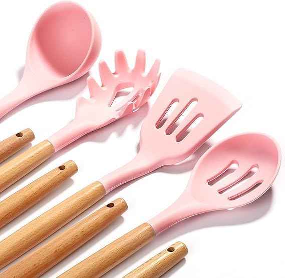 12-Piece Silicone Kitchen Utensil Set with Wooden Handles – Non-Stick, Scratch-Resistant Cooking Tools with Spatula Holder – Pink - Safqqa Egypt