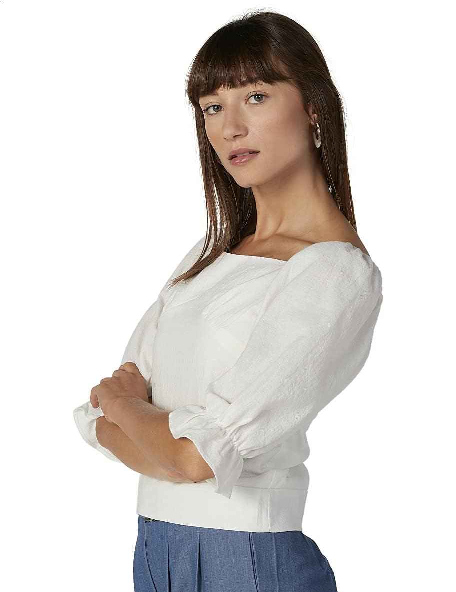 Basic Square Neck Three Quarter Puff Sleeves Blouse for Women - White, - Safqqa Egypt