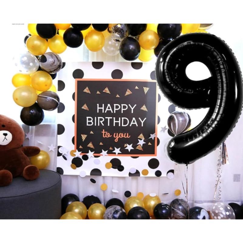 بالون فويل كبير على شكل رقم تسعة يمكن ملؤه بالهواء أو الهيليوم من مواد عالية الجودة مصنوعة خصيصًا لتزيين حفلات أعياد الميلاد 87 × 56 سم - أسود