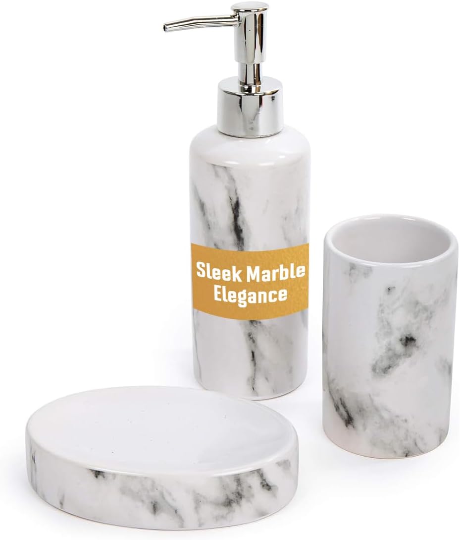 بوديكو طقم اكسسوارات حمام رخامي من 3 قطع بلون ابيض