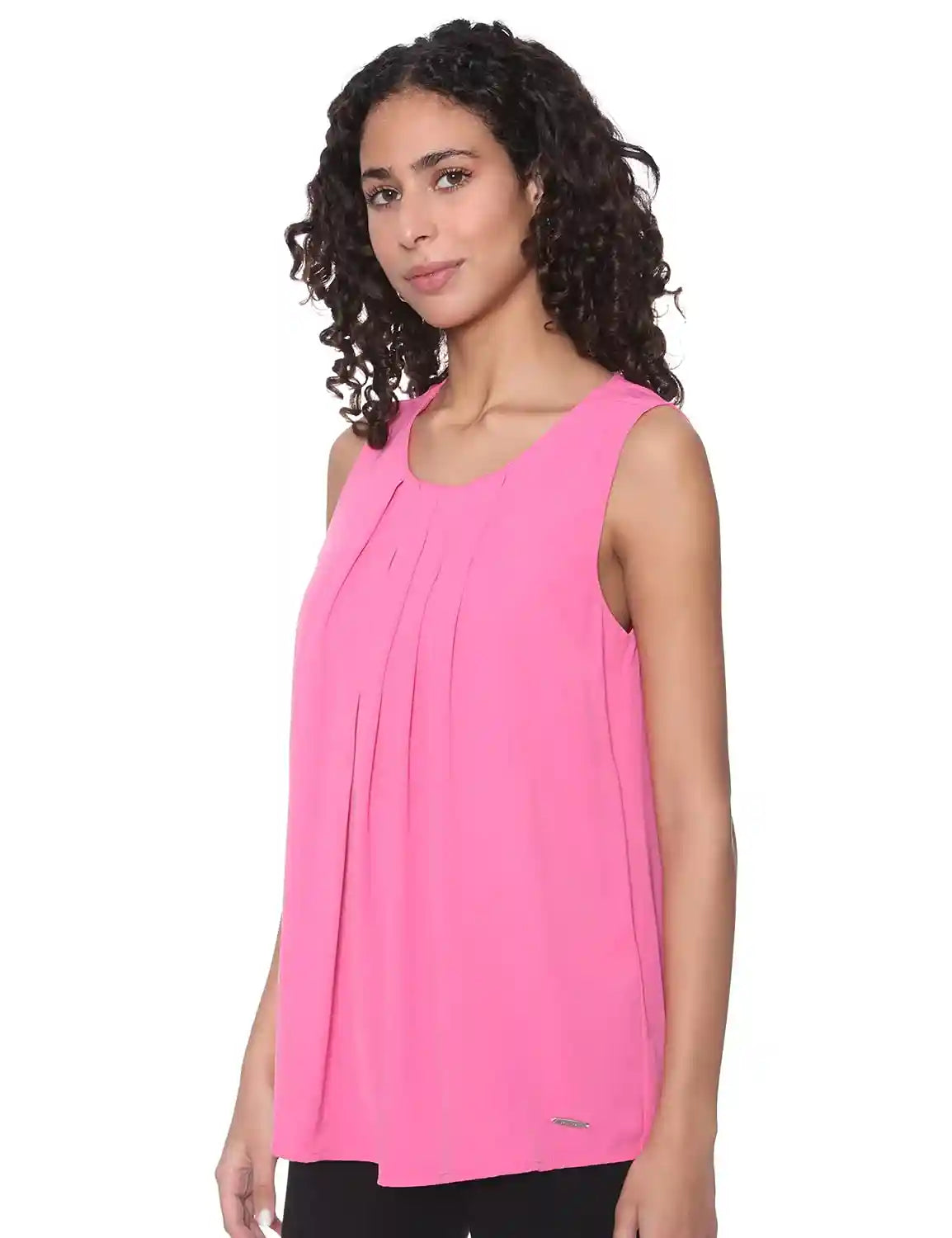 Dalydress Plain Front Pleats Sleeveless Round Neck Polyester Blouse for Women - Safqqa Egypt