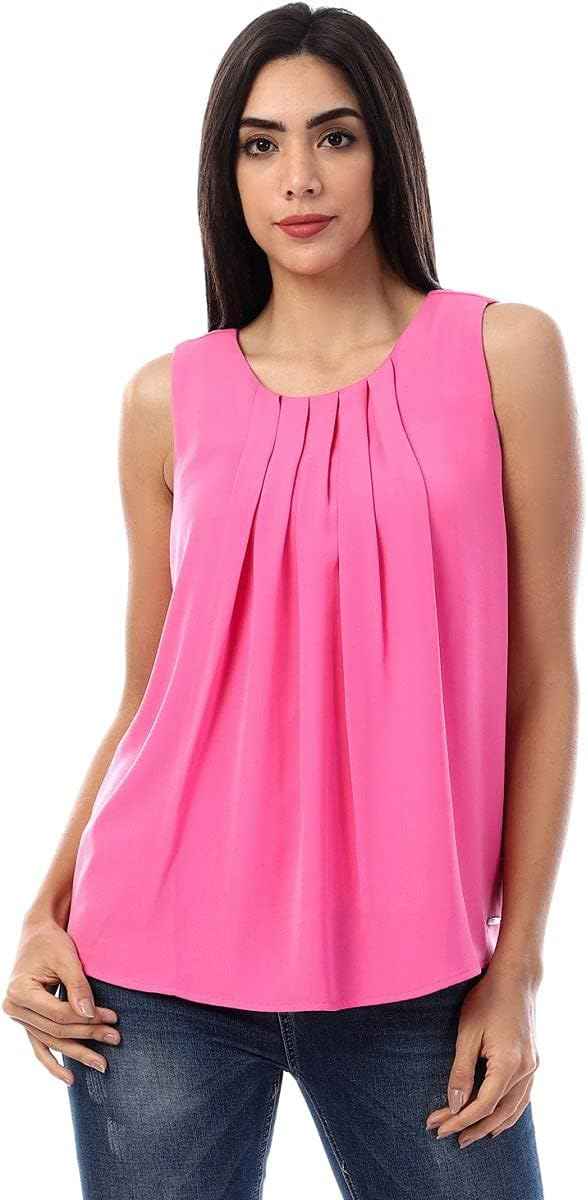 Dalydress Plain Front Pleats Sleeveless Round Neck Polyester Blouse for Women - Safqqa Egypt