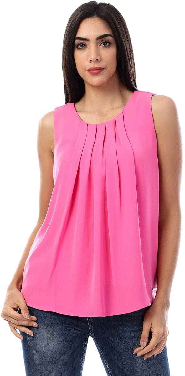 Dalydress Plain Front Pleats Sleeveless Round Neck Polyester Blouse for Women - Safqqa Egypt