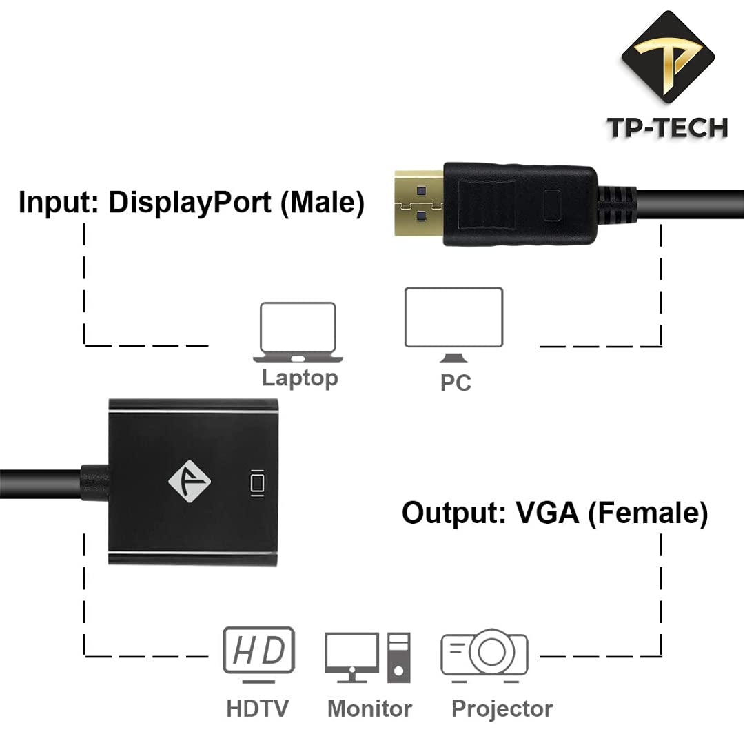 TP-TECH DP (DisplayPort) to VGA Adapter Male to Female 1080P, Compatible with Computer, Desktop, Laptop, PC, Monitor, Projector, HDTV - Safqqa Egypt