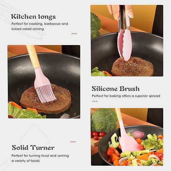 12-Piece Silicone Kitchen Utensil Set with Wooden Handles – Non-Stick, Scratch-Resistant Cooking Tools with Spatula Holder – Pink - Safqqa Egypt