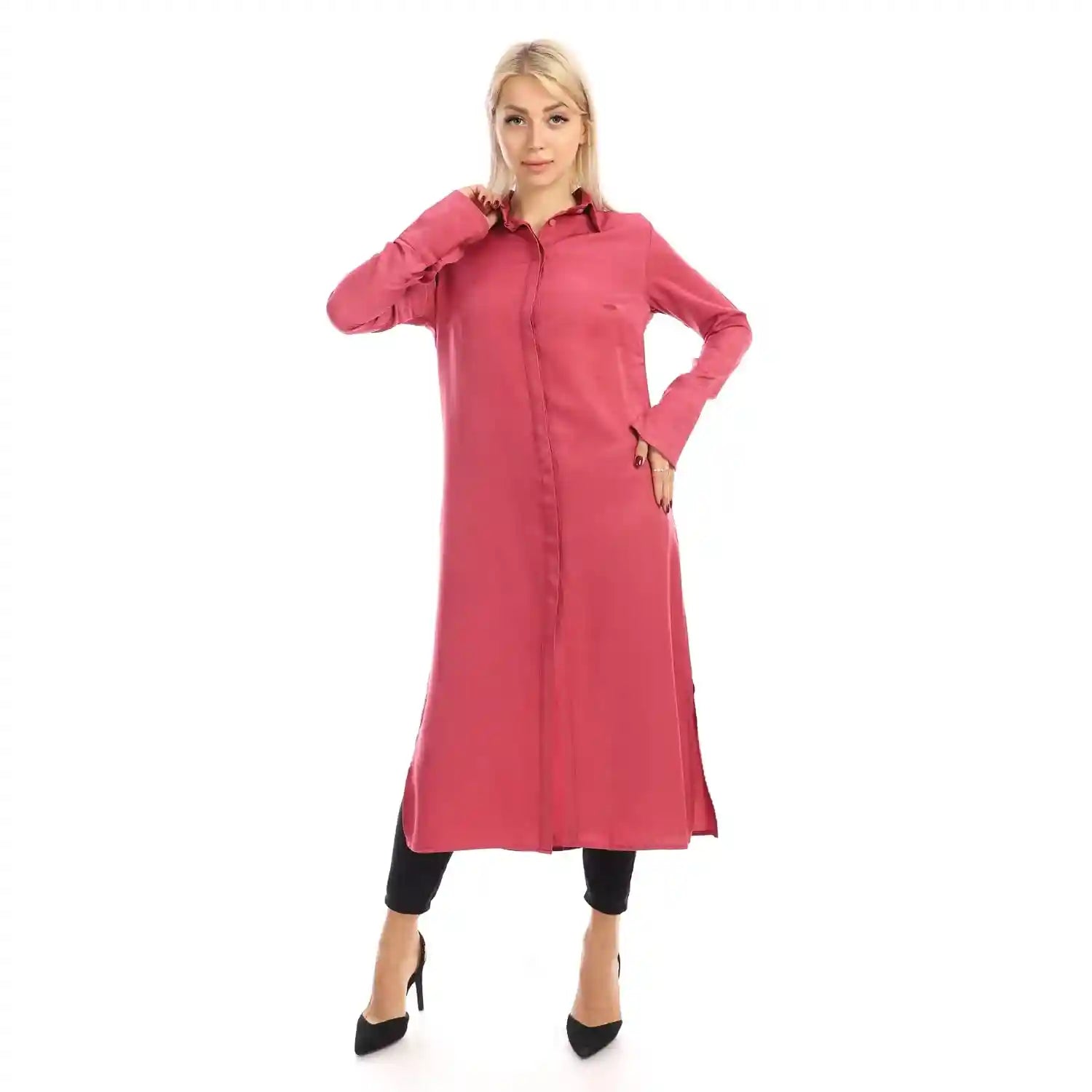 Jamila Women long sleeves soft satin buttoned shirt dress - Safqqa Egypt