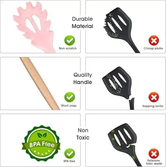 12-Piece Silicone Kitchen Utensil Set with Wooden Handles – Non-Stick, Scratch-Resistant Cooking Tools with Spatula Holder – Pink - Safqqa Egypt