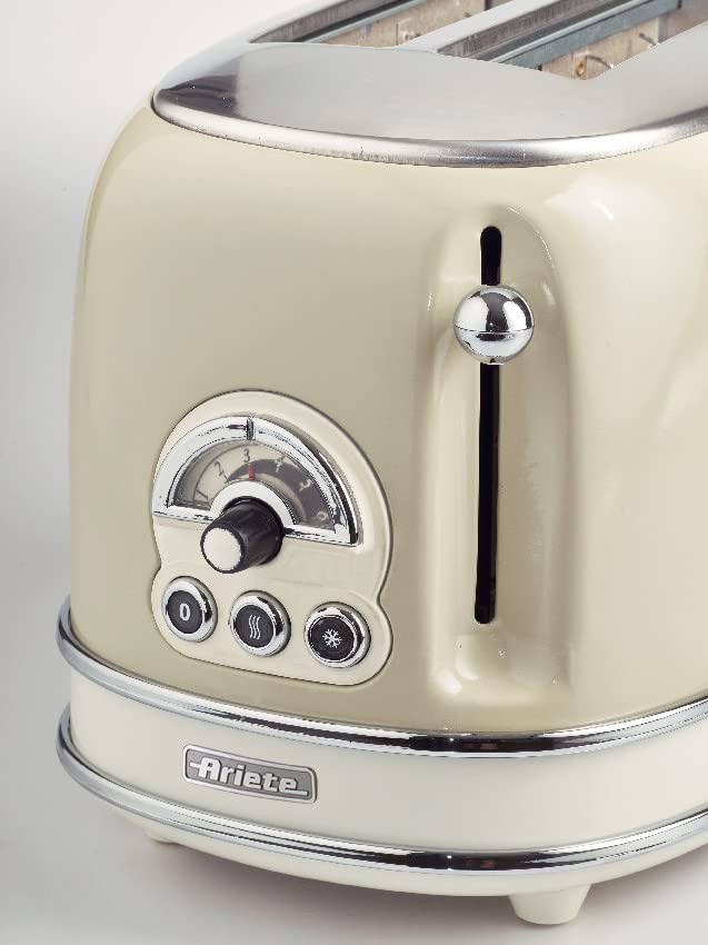 Ariete Vintage 2 Slice Toaster 155, Toaster with 6 Toasting Levels, Automatic Ejection, Defrost Function, Removable Crumb Tray, Stainless Steel Body, 810W, Beige - Safqqa Egypt