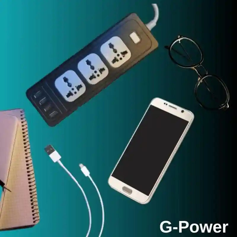 **G-Power GP310 Power Strip – Universal Smart Socket with 4 USB Ports, Overload Protection, 2M PVC Cable, 240V Max – Black** - Safqqa Egypt