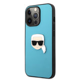Karl Lagerfeld KLHCP13LPKMB Leather Case for iPhone 13 Pro Max (6.7 inches), Blue, Ikonik Karl's Head Metal Logo