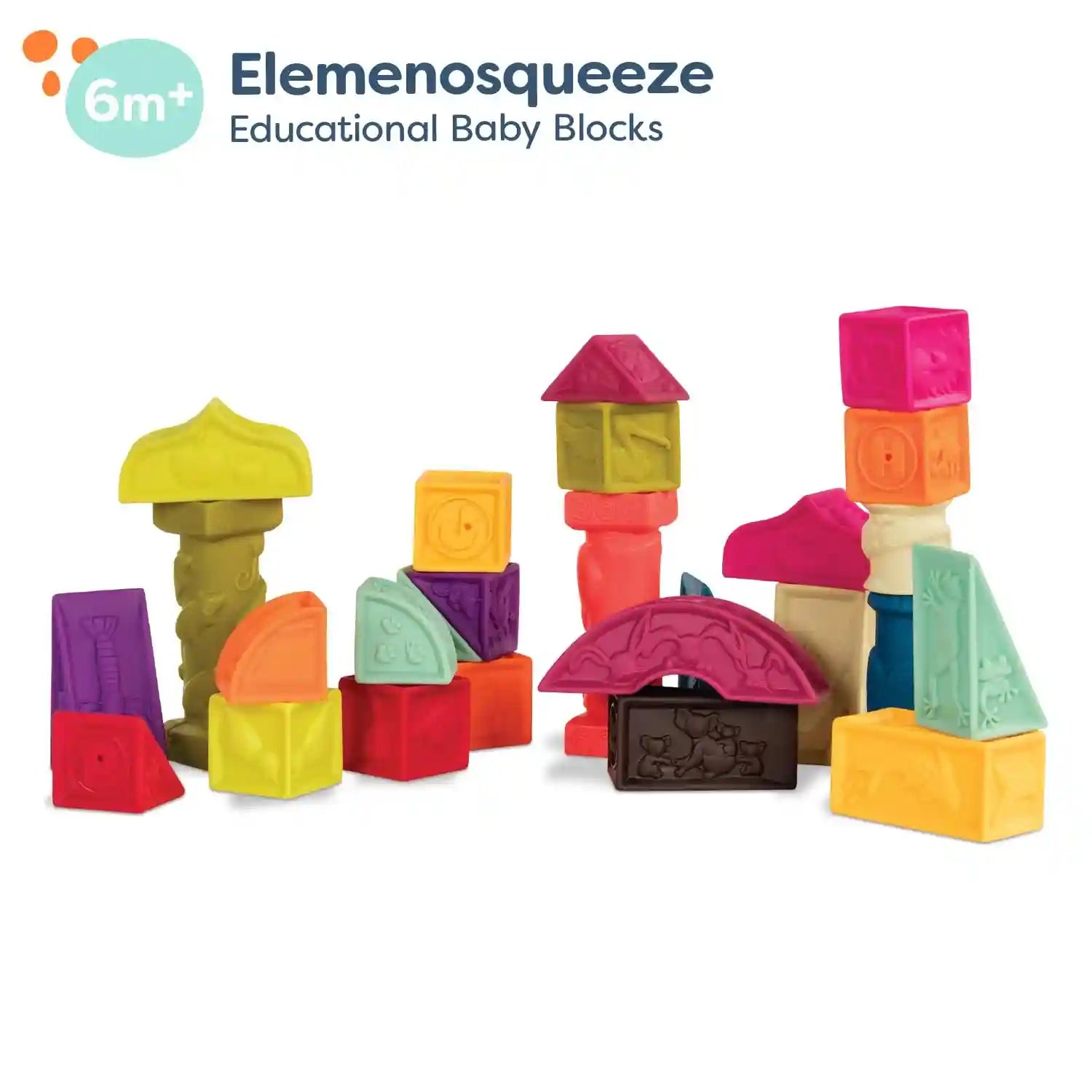 B. toys - elemenosqueeze baby blocks - 26 stacking blocks with shapes numbers, animals & textures - bpa free soft blocks for babies 6m+ (26-pcs) - Safqqa Egypt