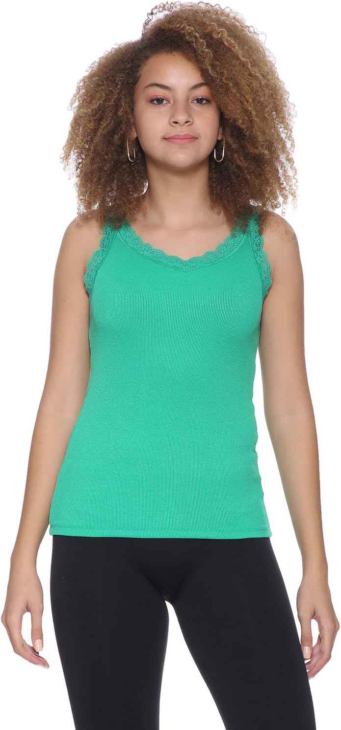 Splash Ribbed Scallop Lace Trims Sleeveless V-Neck Top for Women - Safqqa Egypt