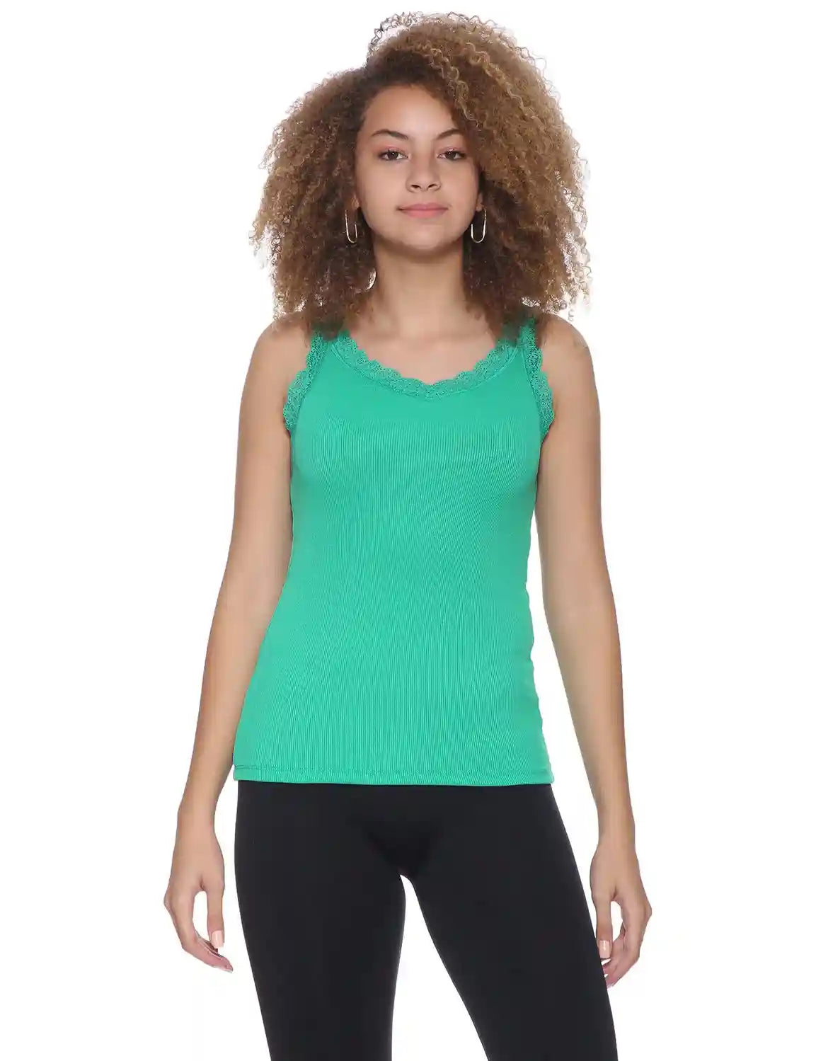 Splash Ribbed Scallop Lace Trims Sleeveless V-Neck Top for Women - Safqqa Egypt