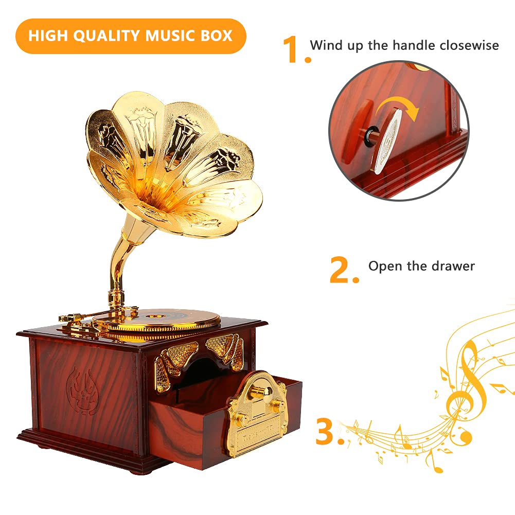 Mystery Vintage Gramophone Music Box, Mechanical Musical Jewelry Box for Girls Women Mom, Retro Table Cafe Bar Home Decor, Birthday Mothers Day Gifts for Mom