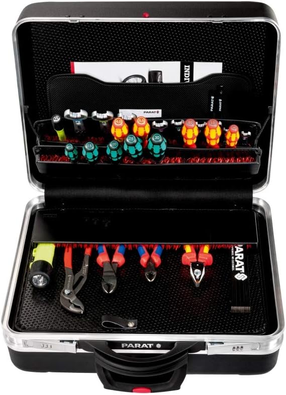حقيبة الأدوات المتنقلة بارات Parat(موديل 589550171) هي حقيبة عالية الجودة مصممة للمحترفين الذين يبحثون عن المتانة والتنظيم وسهولة النقل. تتميز بغلاف خارجي صلب ومتین باللون الأسود الأنيق