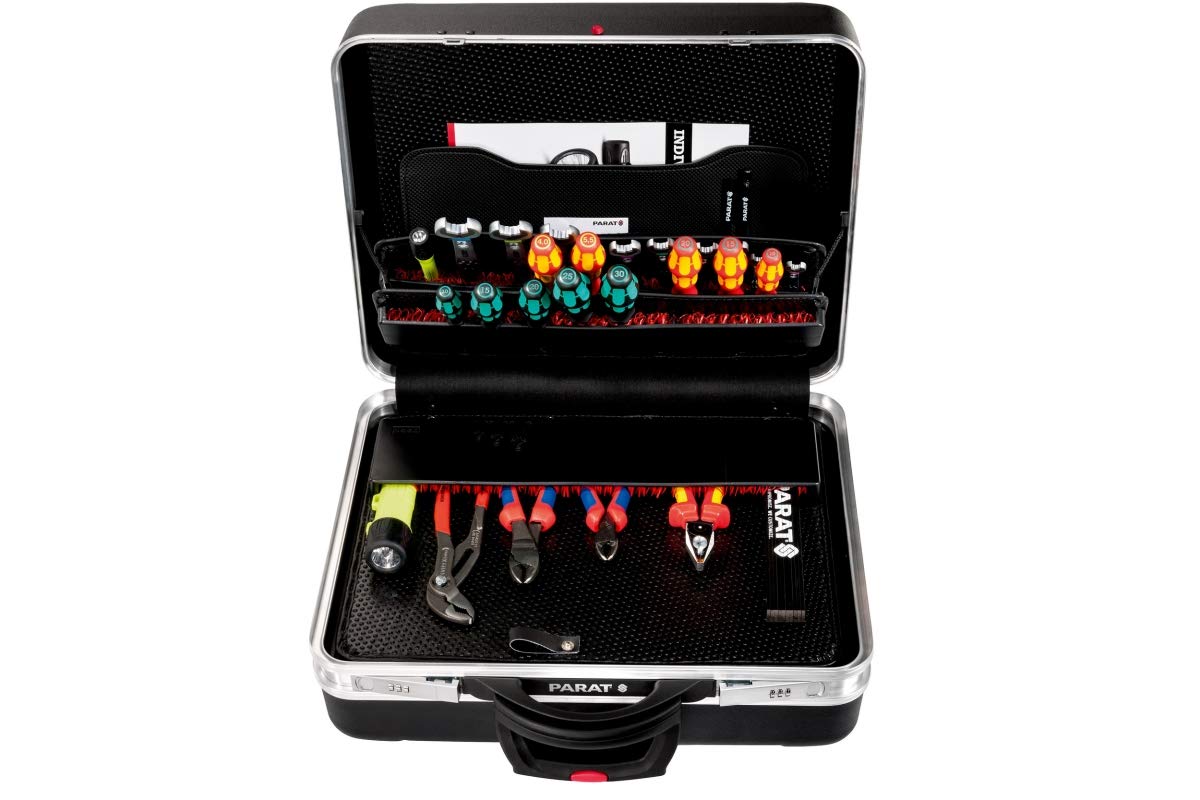 حقيبة الأدوات المتنقلة بارات Parat(موديل 589550171) هي حقيبة عالية الجودة مصممة للمحترفين الذين يبحثون عن المتانة والتنظيم وسهولة النقل. تتميز بغلاف خارجي صلب ومتین باللون الأسود الأنيق