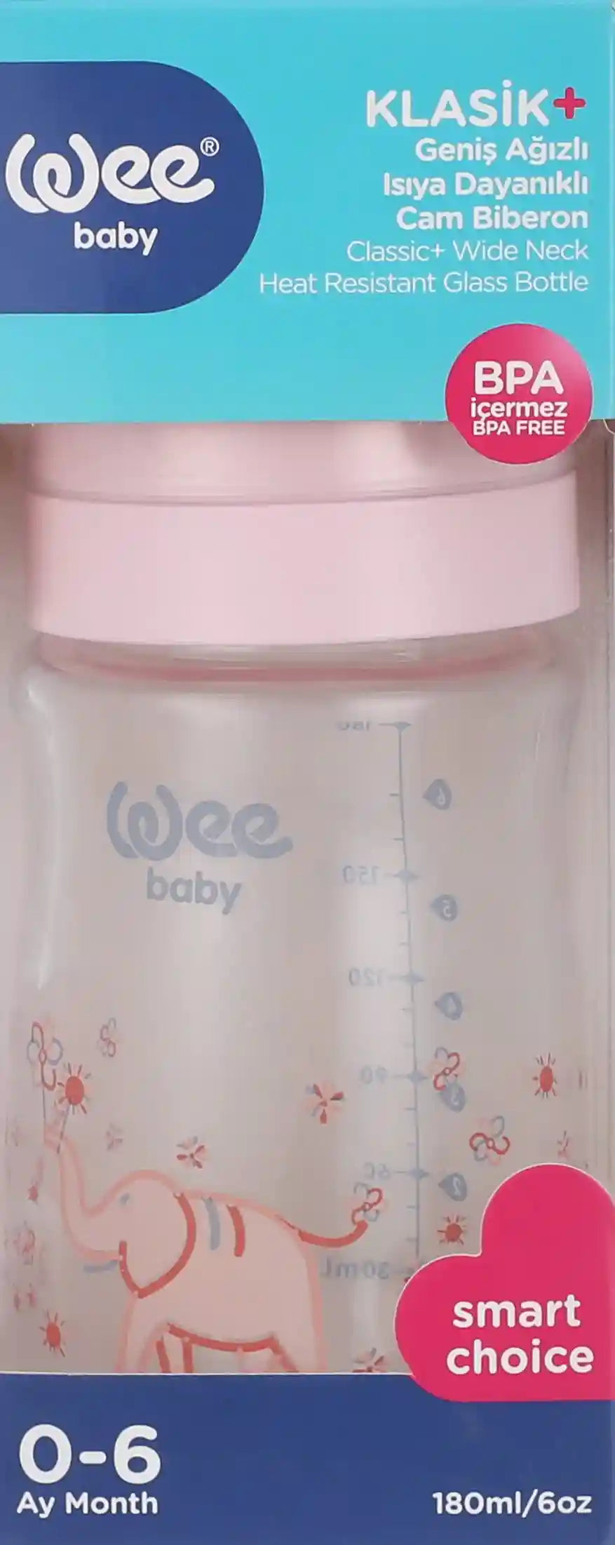 Wee Baby 140 Heat Resistant Glass Feeding Bottle with Wide Silicone Teat, 180 ml - Pink - Safqqa Egypt
