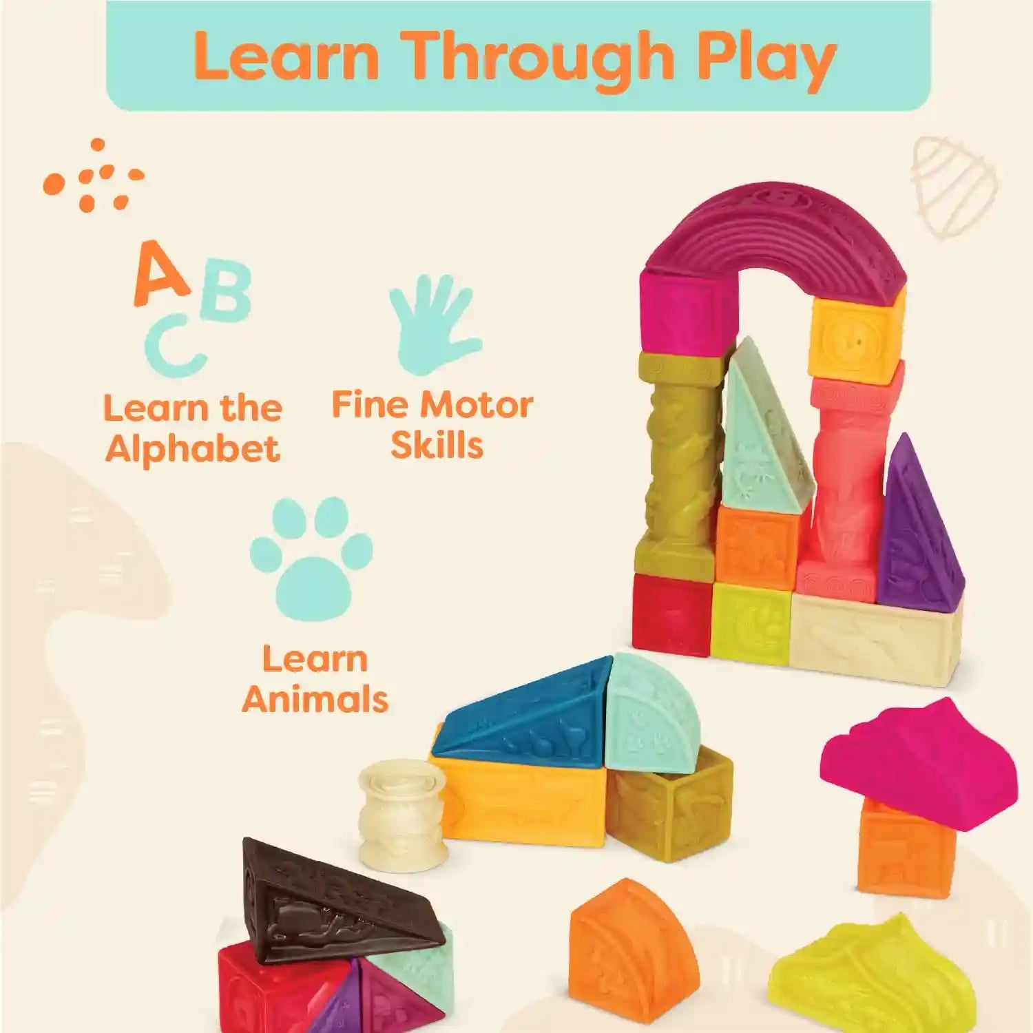 B. toys - elemenosqueeze baby blocks - 26 stacking blocks with shapes numbers, animals & textures - bpa free soft blocks for babies 6m+ (26-pcs) - Safqqa Egypt