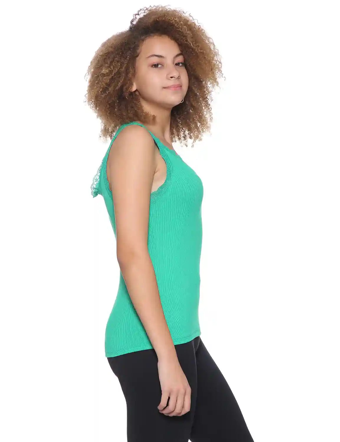 Splash Ribbed Scallop Lace Trims Sleeveless V-Neck Top for Women - Safqqa Egypt