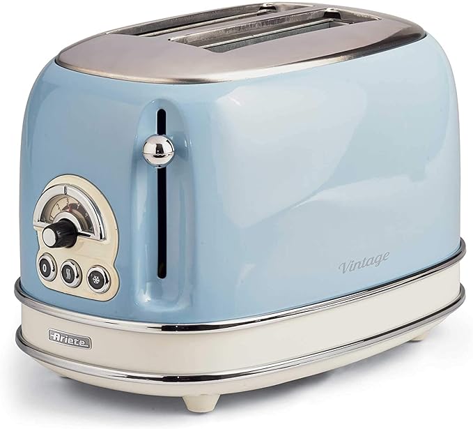 Ariete Vintage 2 Slice Toaster 155, Toaster with 6 Toasting Levels, Automatic Ejection, Defrost Function, Removable Crumb Tray, Stainless Steel Body, 810W, Beige - Safqqa Egypt