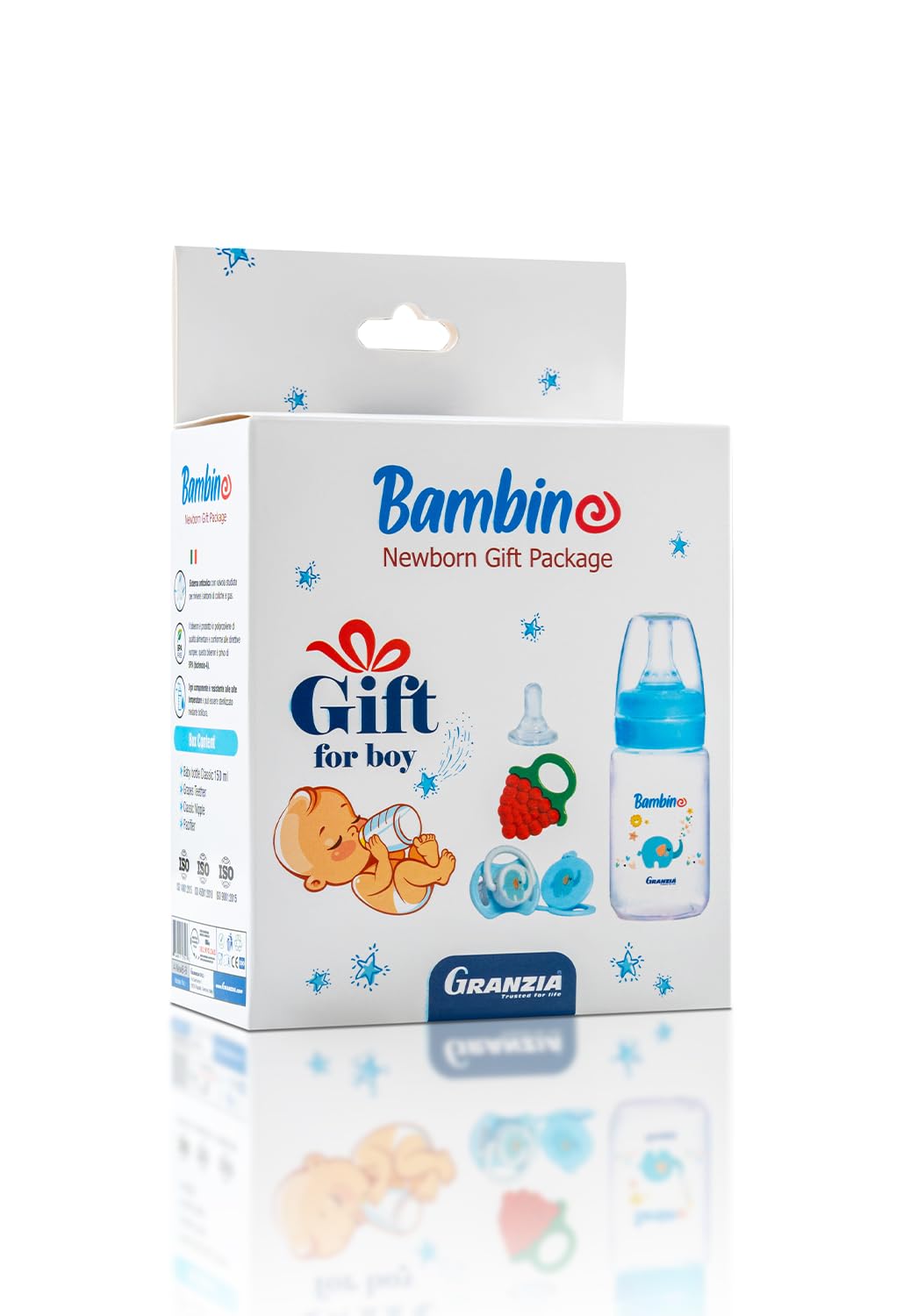 Granzia Bambino New Born Gift Package Blue Color (Classic Feeding Bootle 150 ML, Spare Nipple, Grape Shaped Teether & Pacifier With Chain) (4 Pieces)