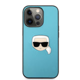 Karl Lagerfeld KLHCP13LPKMB Leather Case for iPhone 13 Pro Max (6.7 inches), Blue, Ikonik Karl's Head Metal Logo