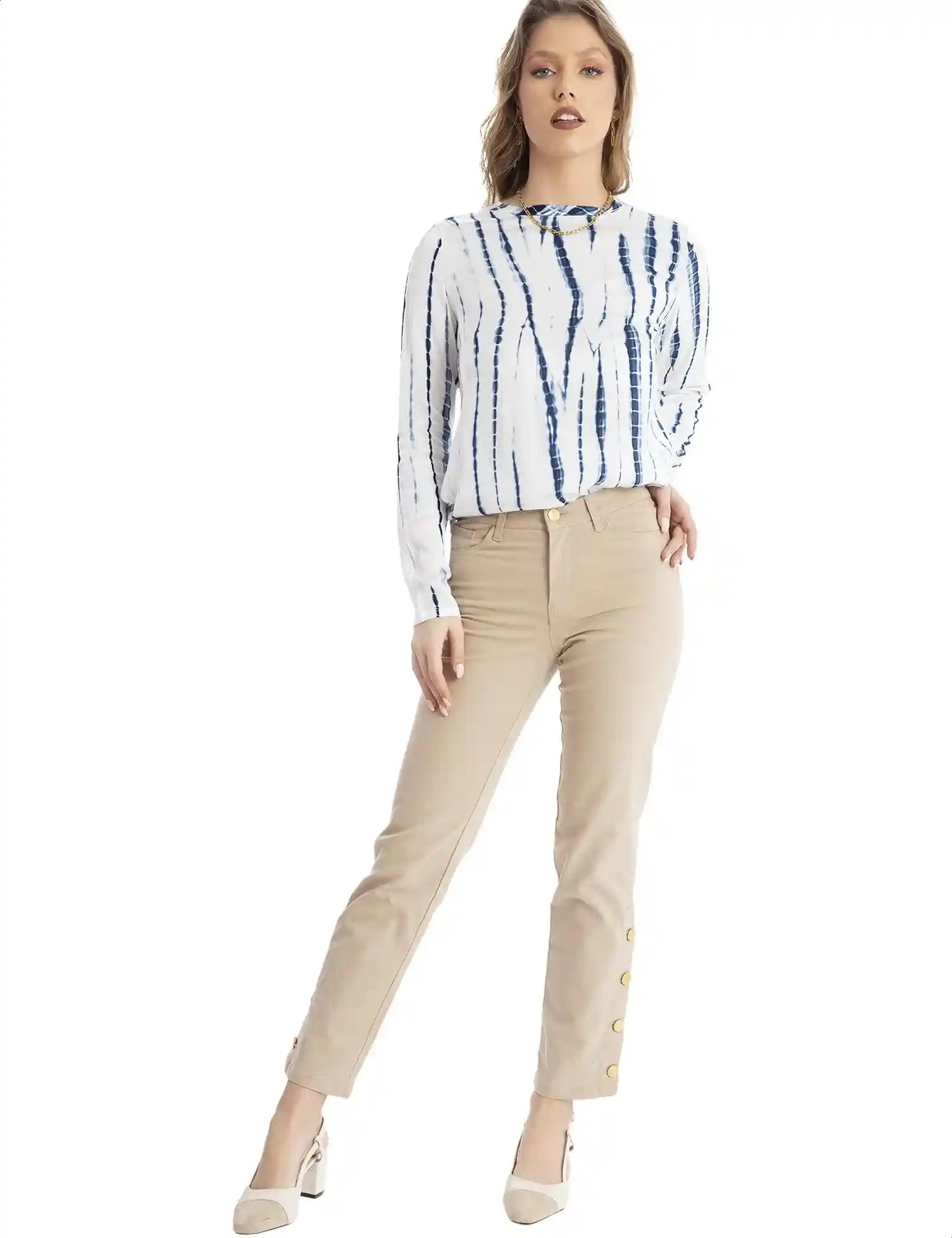 Dalydress Dare Printed Round Neck Long Sleeves Contrast Basic Back Blouse for Women - Safqqa Egypt