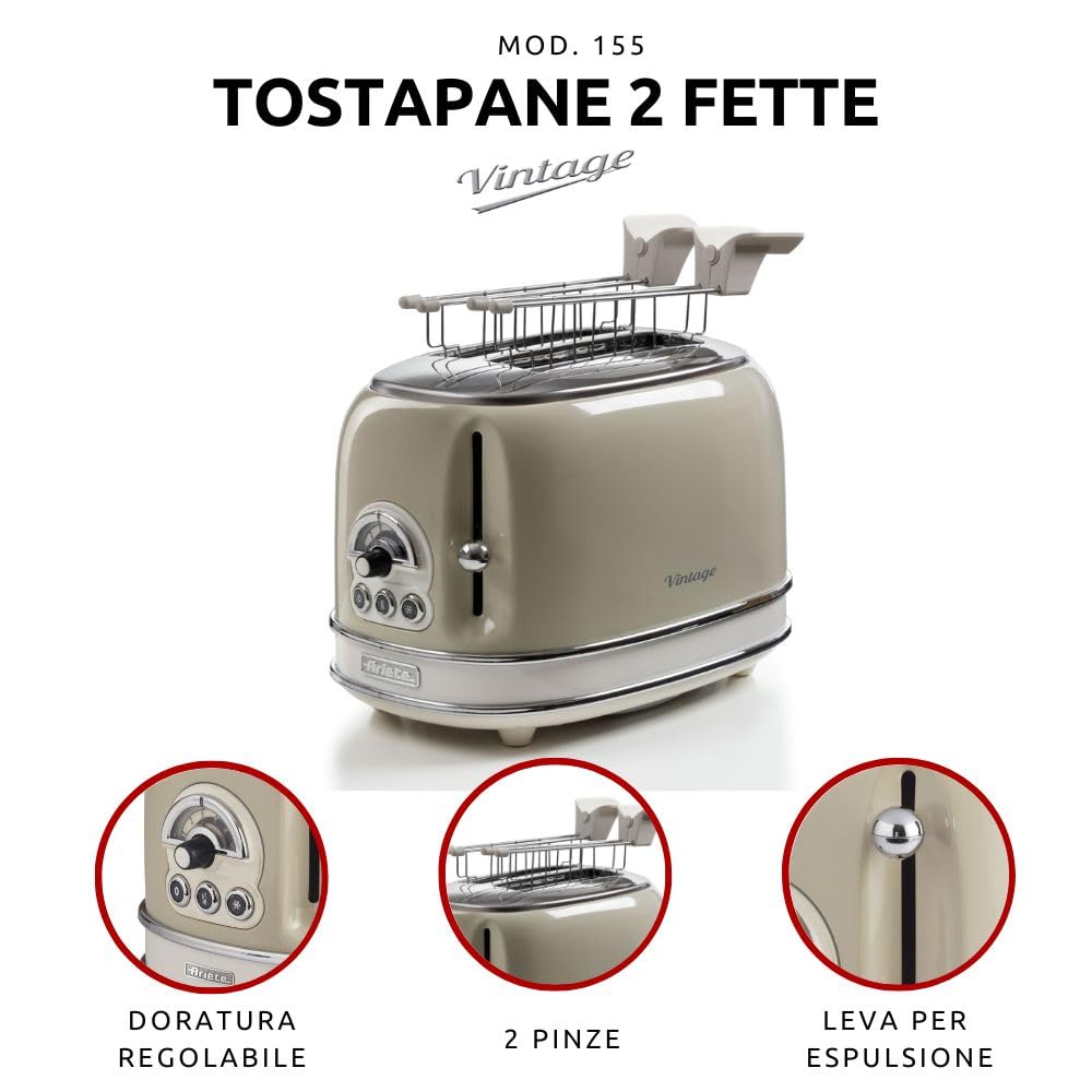 Ariete Vintage 2 Slice Toaster 155, Toaster with 6 Toasting Levels, Automatic Ejection, Defrost Function, Removable Crumb Tray, Stainless Steel Body, 810W, Beige - Safqqa Egypt