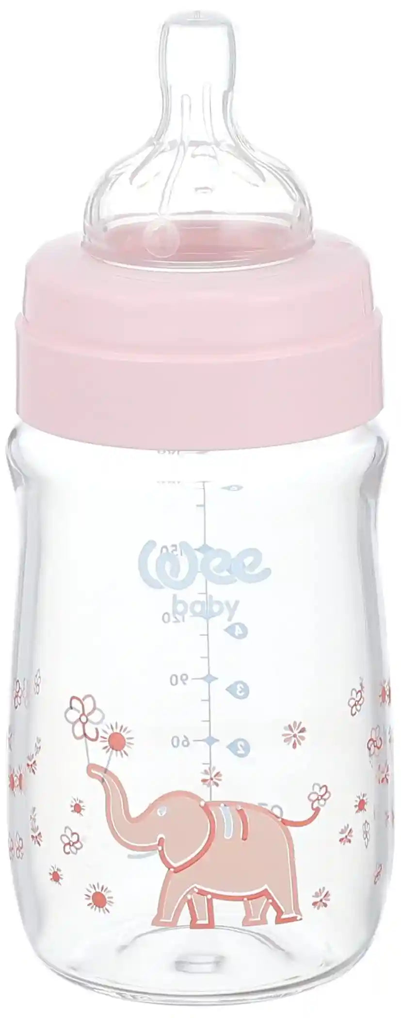 Wee Baby 140 Heat Resistant Glass Feeding Bottle with Wide Silicone Teat, 180 ml - Pink - Safqqa Egypt