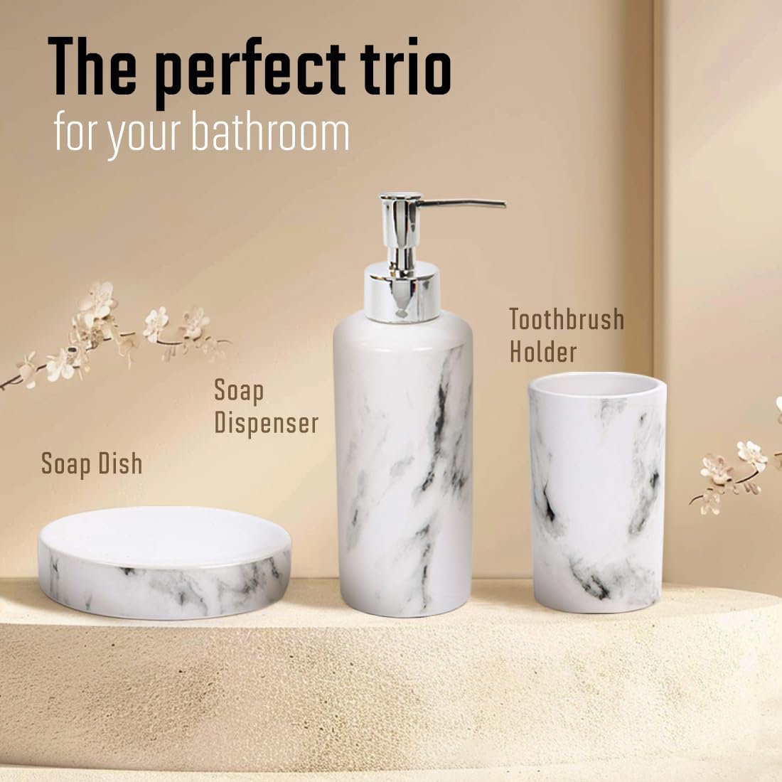 بوديكو طقم اكسسوارات حمام رخامي من 3 قطع بلون ابيض