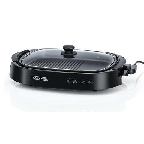 BLACK+DECKER Electric Health Grill, 1500W, Family-Sized Non-Stick Griddle with Glass Lid, 5-Level Temperature Control, Cool-Touch Handles, Efficient Fat Draining, Dishwasher Safe, Black - GH1500-B5-Have Scratches
