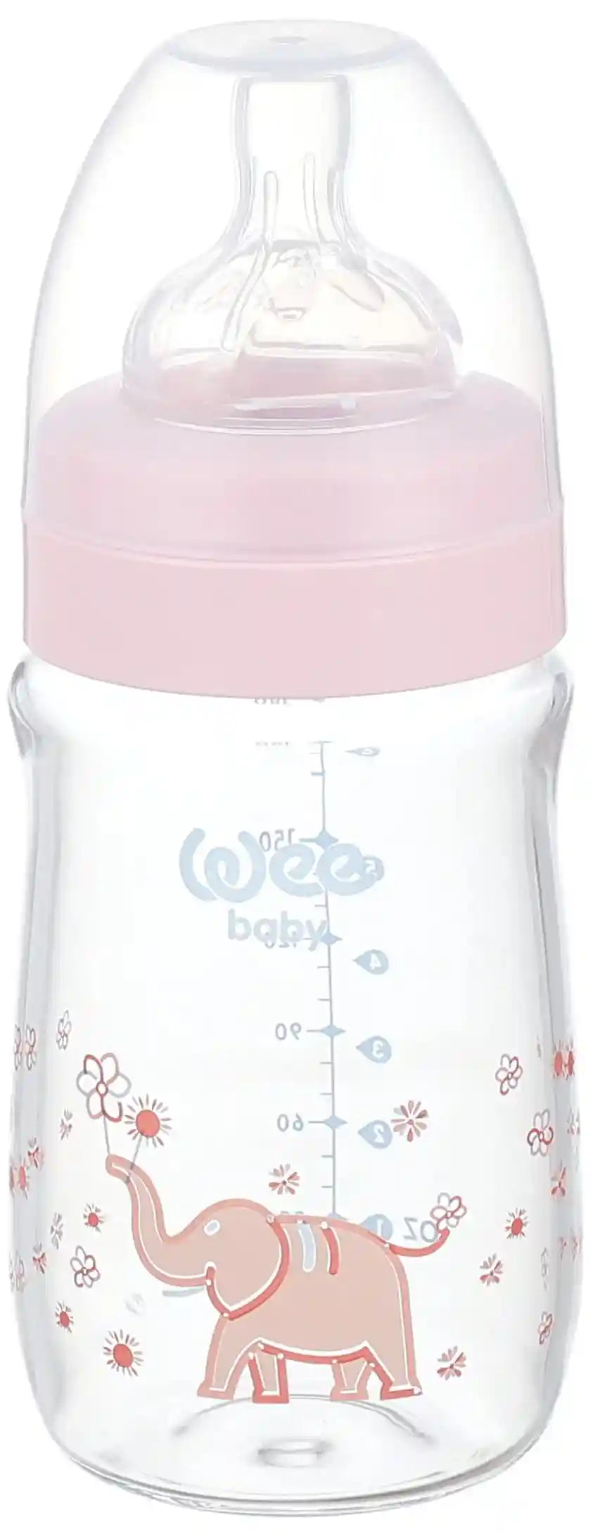 Wee Baby 140 Heat Resistant Glass Feeding Bottle with Wide Silicone Teat, 180 ml - Pink - Safqqa Egypt