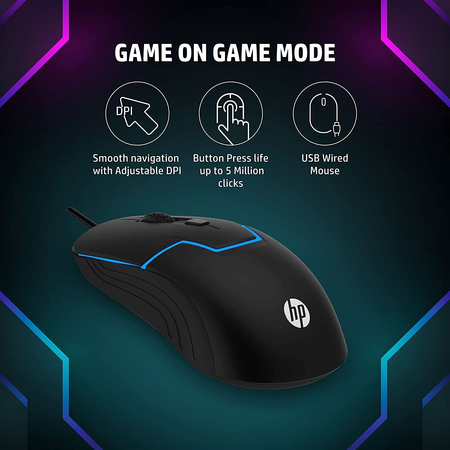 HP Wired Gaming Mouse with 7 Color LED Light and DPI Control - M100, Black