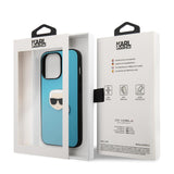 Karl Lagerfeld KLHCP13LPKMB Leather Case for iPhone 13 Pro Max (6.7 inches), Blue, Ikonik Karl's Head Metal Logo