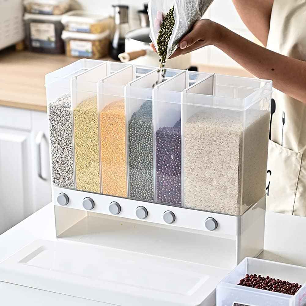 Kitchen Shelf Organizer (Transparent-5-6) Food Storage Boxes Airtight Food Storage ContainersLarge Wall Mounted Dry Food Dispenser Rice Bucket,6-Grid Rice Storage Dry Grain Storage Dried 10L - Safqqa Egypt