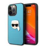 Karl Lagerfeld KLHCP13LPKMB Leather Case for iPhone 13 Pro Max (6.7 inches), Blue, Ikonik Karl's Head Metal Logo