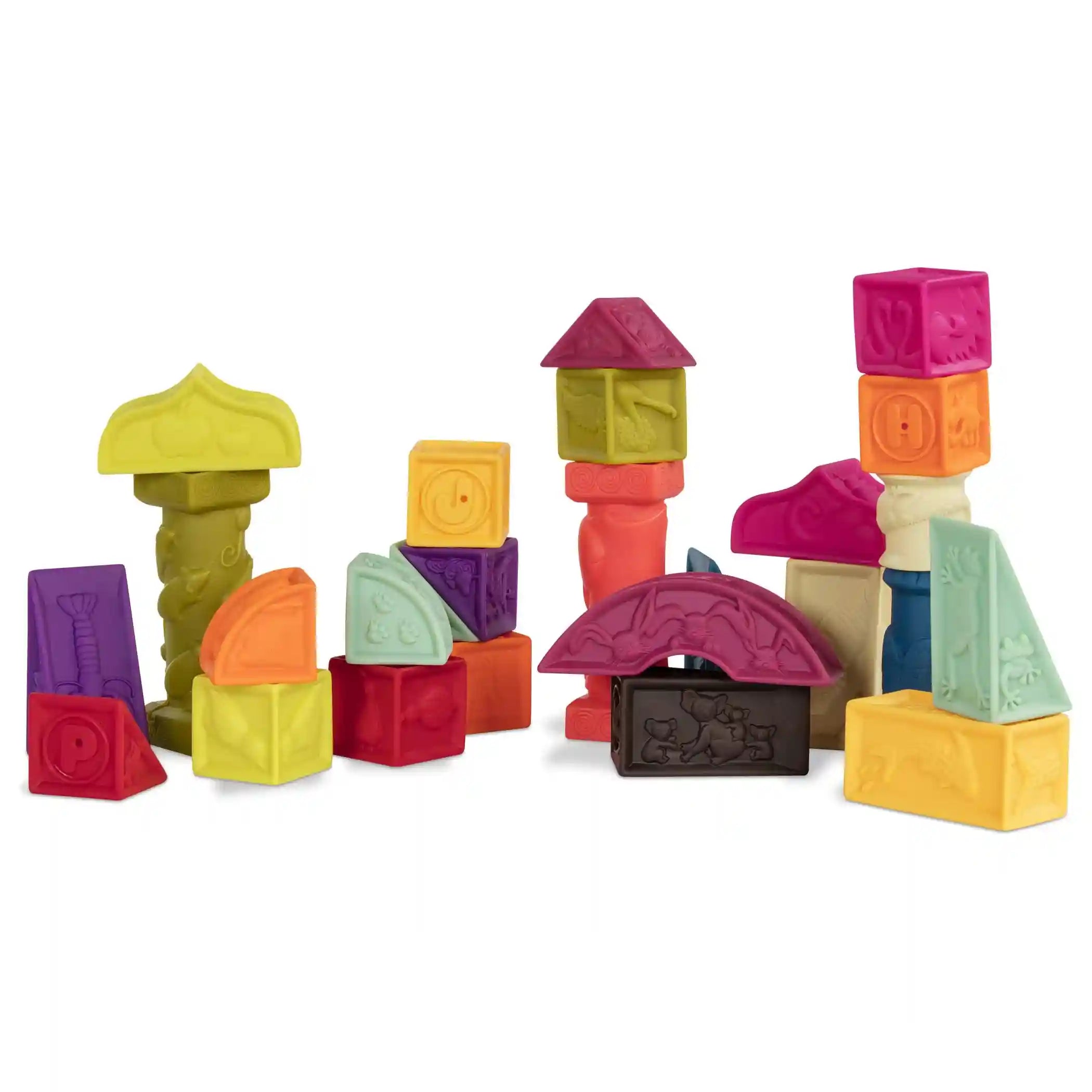 B. toys - elemenosqueeze baby blocks - 26 stacking blocks with shapes numbers, animals & textures - bpa free soft blocks for babies 6m+ (26-pcs) - Safqqa Egypt